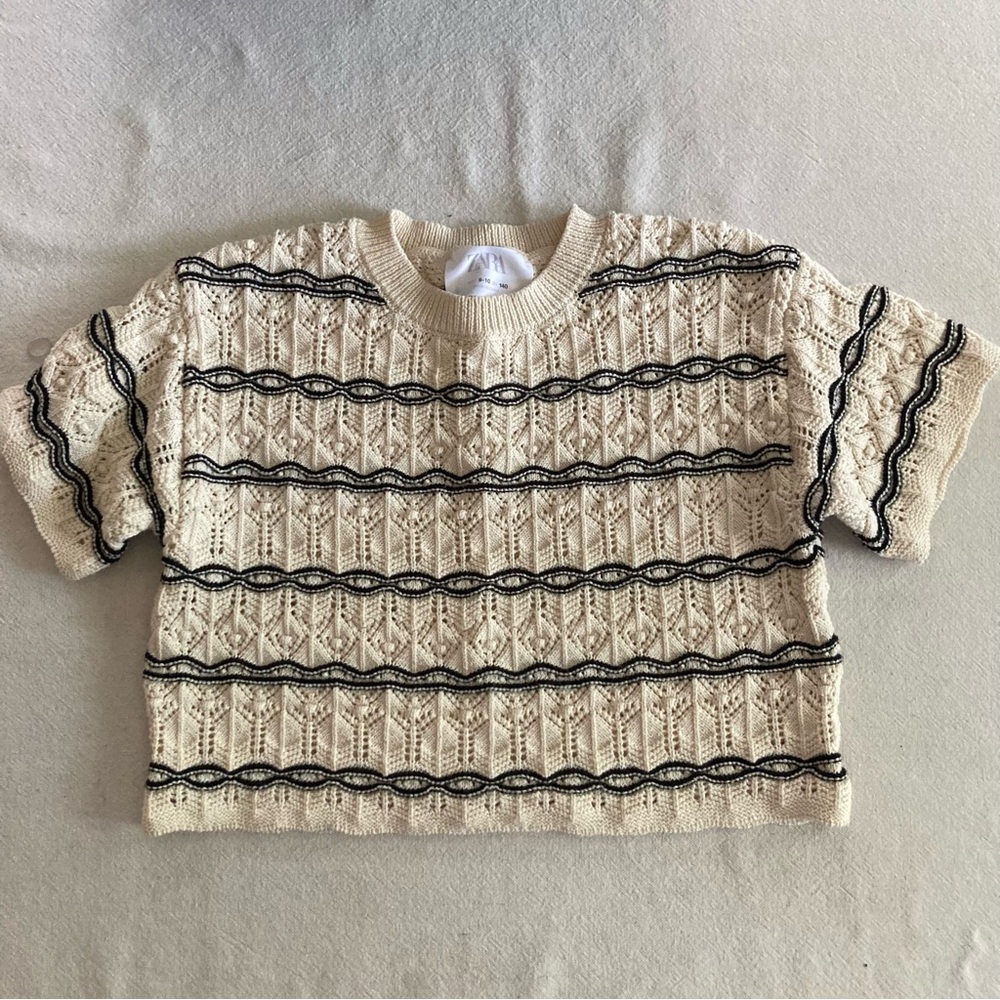 Zara Cream Knit Short Sleeve Crochet with Black Stripe Detail